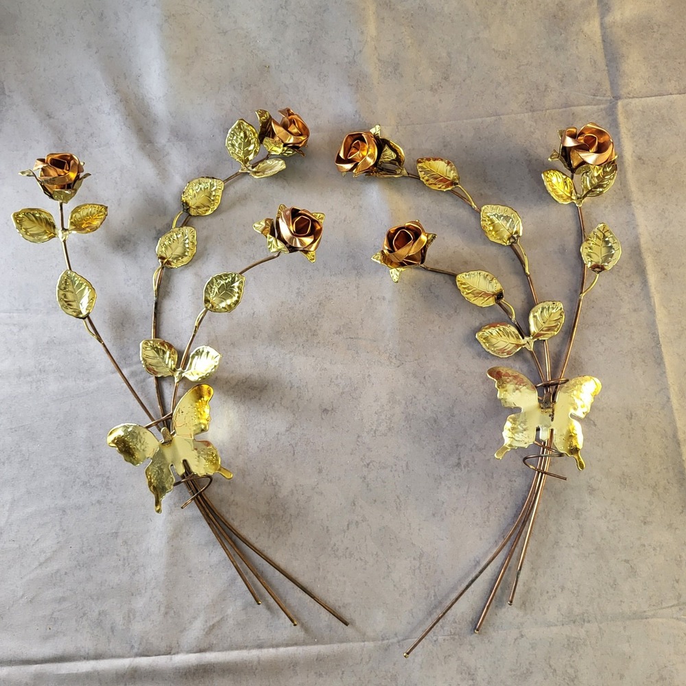 2 Vintage 19" Wall Hanging Sculpture Art Brass Copper Metal Rose Butterfly